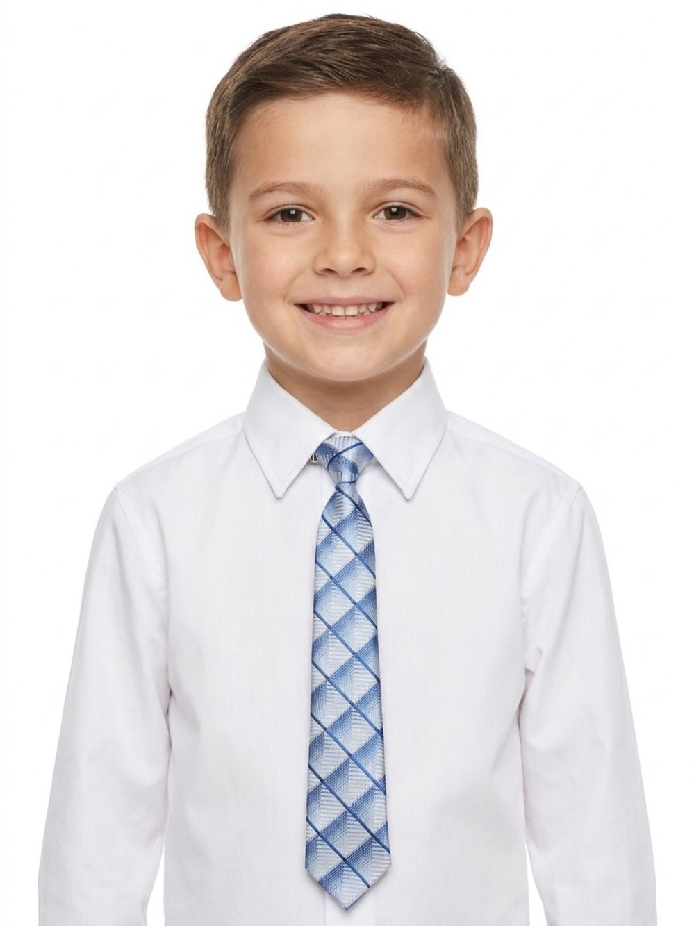 Boys Blue Silver Geometric Plaid Clip-On Necktie Pre-Tied Formal Dress Tie 14"